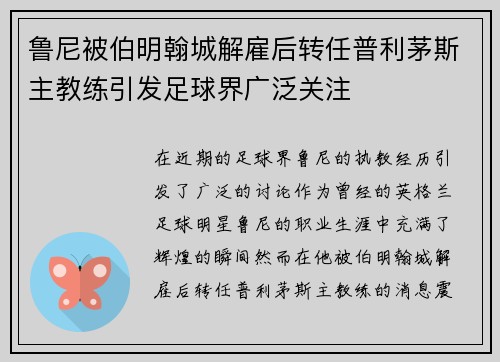 鲁尼被伯明翰城解雇后转任普利茅斯主教练引发足球界广泛关注